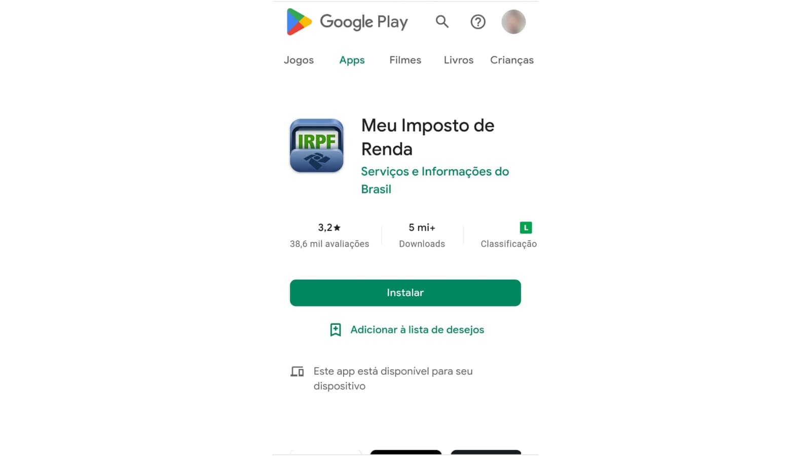 Tela inicial do app Meu Imposto de Renda na Play Store