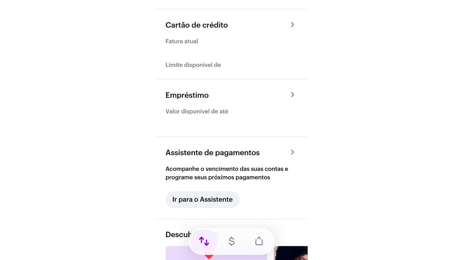 Tela inicial do app Nubank