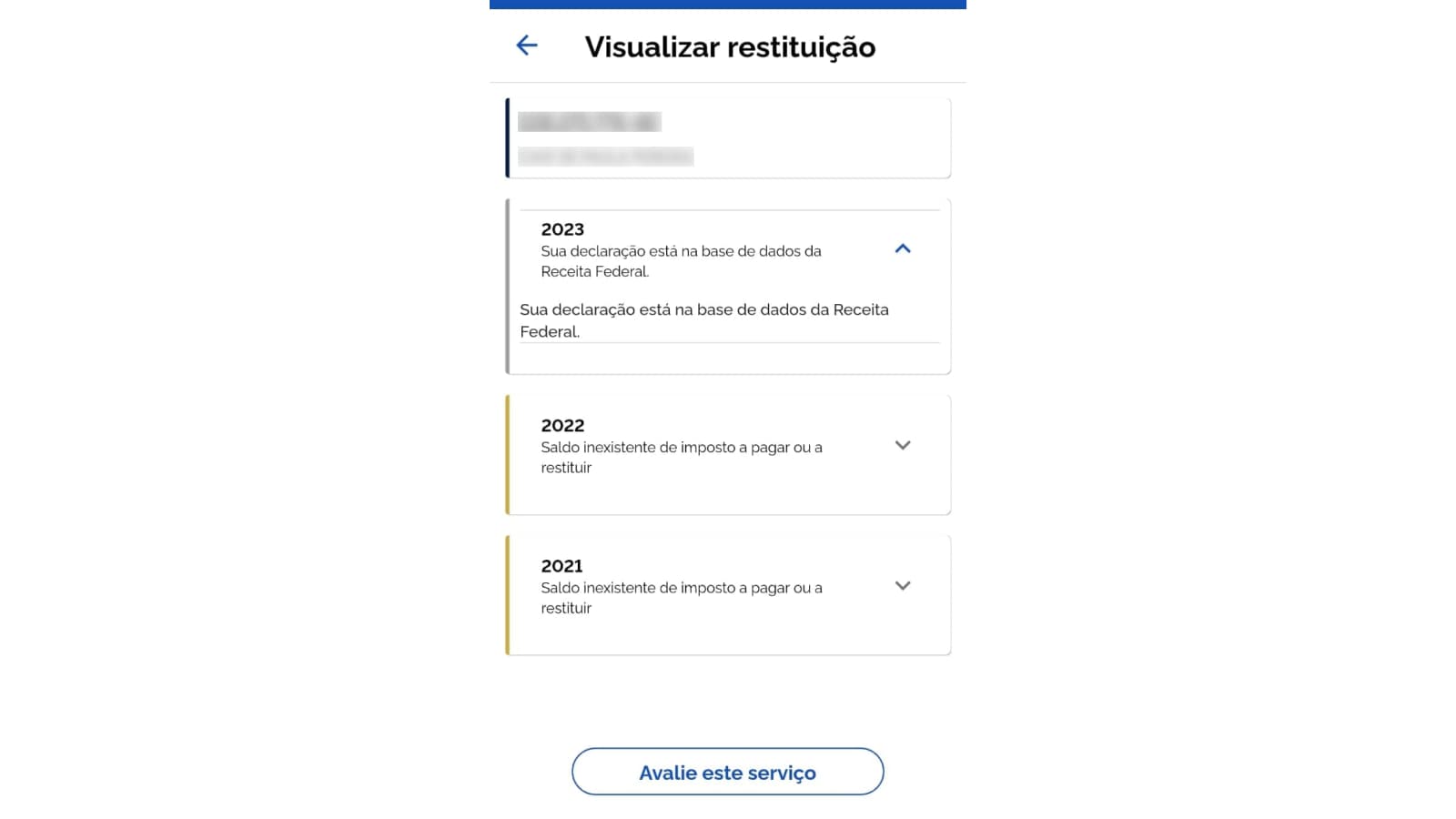 Tela para visualizar restituição no app Meu Imposto de Renda