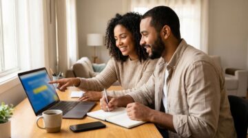 Mulher e homem brasileiros olhando um laptop com um curso online do Aprenda Mais MEC