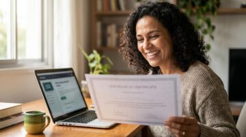 Mulher brasileira sorrindo em casa segurando um certificado impresso com texto borrado e um laptop com a plataforma Aprenda Mais MEC na tela também borrada