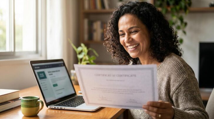Mulher brasileira sorrindo em casa segurando um certificado impresso com texto borrado e um laptop com a plataforma Aprenda Mais MEC na tela também borrada