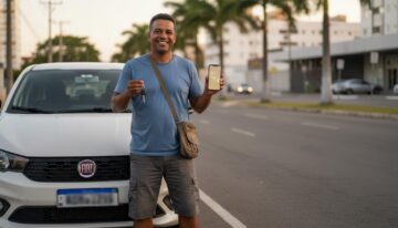 Motorista brasileiro sorrindo ao receber as chaves do Fiat Argo e segurando um celular com aprovação digital