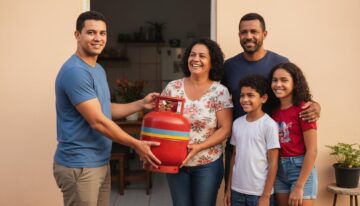 Família brasileira recebendo um botijão de gás grátis em casa por um agente do programa Gás do Povo, pessoas sorrindo e aliviadas