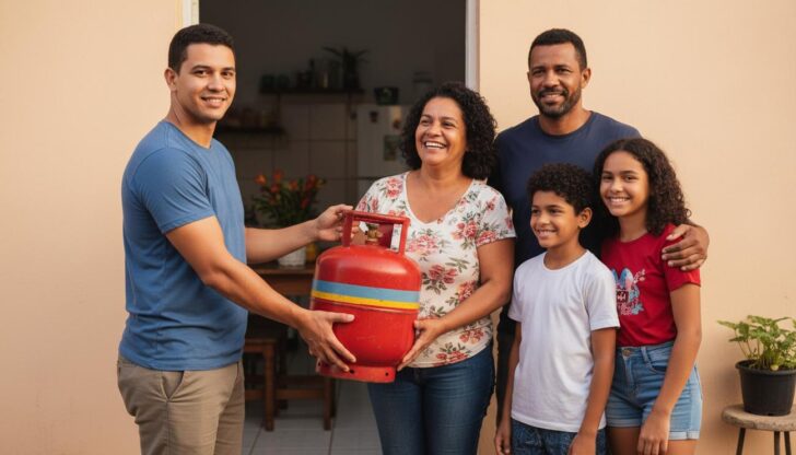 Família brasileira recebendo um botijão de gás grátis em casa por um agente do programa Gás do Povo, pessoas sorrindo e aliviadas