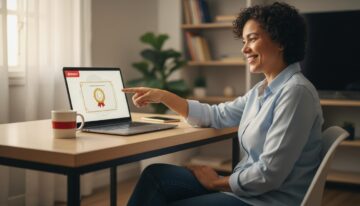 Pessoa brasileira sorrindo diante de um laptop mostrando um curso online do Bradesco com certificado digital