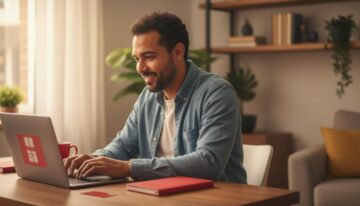Pessoa brasileira estudando online no laptop com cartão do Bradesco sobre a mesa