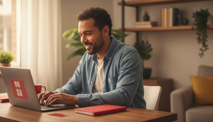 Pessoa brasileira estudando online no laptop com cartão do Bradesco sobre a mesa