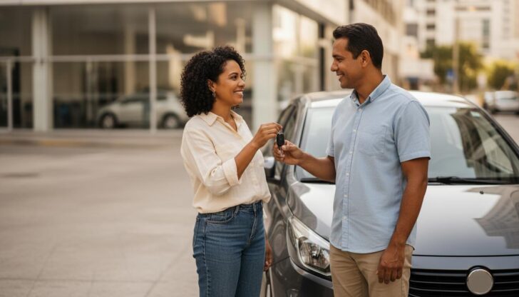 Pessoa recebendo a chave do carro ao lado de um veículo novo em uma concessionária, mostrando a possibilidade de comprar sem entrada e com parcelas acessíveis