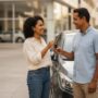 Pessoa recebendo a chave do carro ao lado de um veículo novo em uma concessionária, mostrando a possibilidade de comprar sem entrada e com parcelas acessíveis