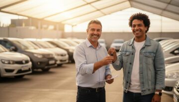 Pessoa recebendo chaves de carro usado em concessionária, demonstrando alívio por conseguir comprar sem entrada mesmo com nome negativado