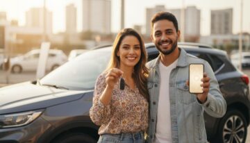 Pessoa brasileira sorrindo ao lado de um carro novo segurando a chave e um celular que mostra aprovação digital para comprar sem entrada