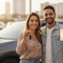 Pessoa brasileira sorrindo ao lado de um carro novo segurando a chave e um celular que mostra aprovação digital para comprar sem entrada