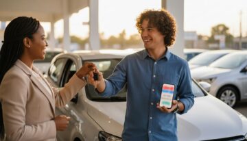 Pessoa brasileira feliz recebendo as chaves do carro e mostrando no celular a confirmação do financiamento com o carro ao fundo