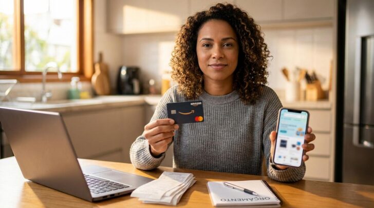 Pessoa brasileira segurando um Cartão Amazon Mastercard enquanto consulta o celular com laptop e recibos na mesa mostrando controle de gastos