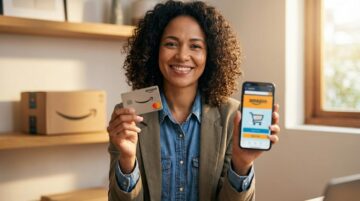 Pessoa brasileira segurando um Cartão Amazon Mastercard e um celular, ilustrando como solicitar o cartão com anuidade grátis e cashback