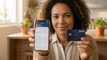 Pessoa brasileira segurando um cartão Porto Seguro e olhando o celular com o aplicativo de controle de gastos