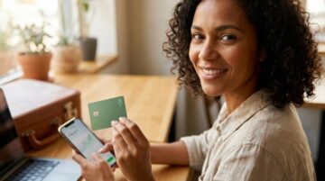 Pessoa brasileira segurando cartão verde do Sicredi com símbolo de folha e celular mostrando app de gastos, em cenário que sugere viagem e compras