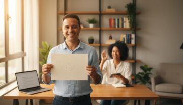 Pessoa brasileira segurando certificado com selo FGV em ambiente de estudo mostrando orgulho e confiança