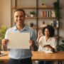 Pessoa brasileira segurando certificado com selo FGV em ambiente de estudo mostrando orgulho e confiança