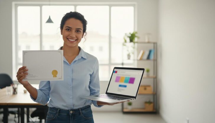 Pessoa brasileira sorrindo segurando certificado de curso de inglês com laptop em ambiente de trabalho moderno