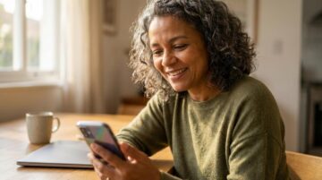 Pessoa brasileira de meia idade em casa segurando celular e olhando aliviada depois de consultar o PIS pelo CPF