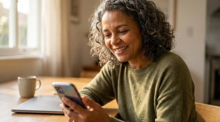 Pessoa brasileira de meia idade em casa segurando celular e olhando aliviada depois de consultar o PIS pelo CPF