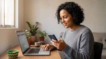 Pessoa brasileira consultando o PIS pelo CPF no celular e no computador em casa