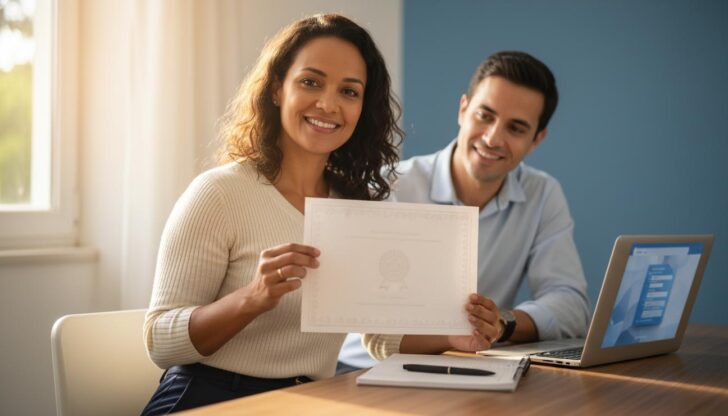 Pessoa brasileira sorrindo com certificado e laptop em ambiente de estudo representando cursos gratuitos FGV que aumentam as chances de emprego
