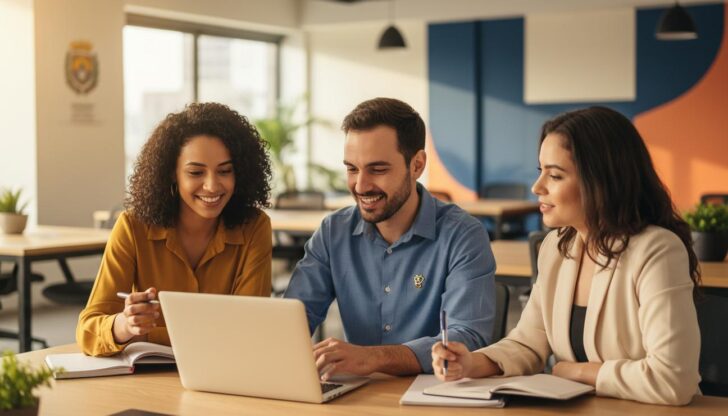 Profissionais brasileiros em sala moderna estudando com laptop e materiais acessando cursos gratuitos da FGV
