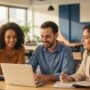 Profissionais brasileiros em sala moderna estudando com laptop e materiais acessando cursos gratuitos da FGV