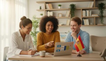 Três profissionais brasileiros estudando espanhol online em um laptop, sorrindo e confiantes para melhorar a carreira