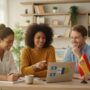 Três profissionais brasileiros estudando espanhol online em um laptop, sorrindo e confiantes para melhorar a carreira