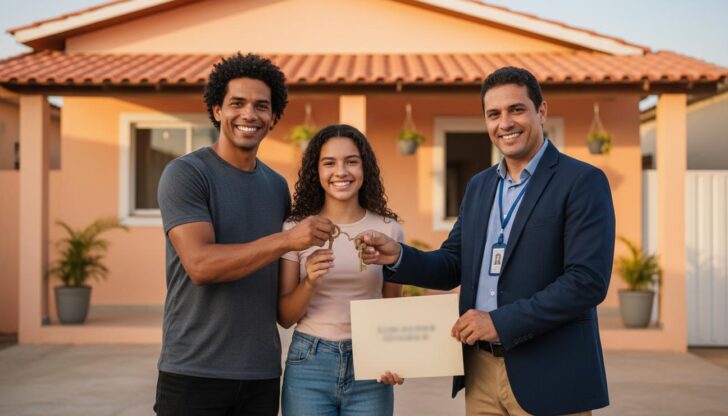 Família brasileira sorrindo em frente à casa nova segurando chaves e documentos do programa Minha Casa Minha Vida