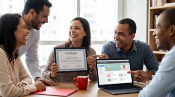 Pessoas brasileiras felizes segurando um certificado e um laptop mostrando um curso online da Fundação Bradesco