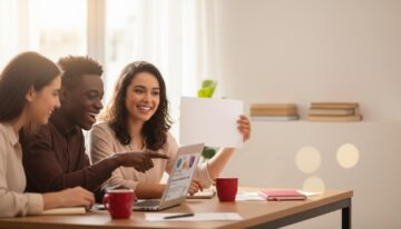 Pessoa brasileira segurando certificado ao lado de um laptop com a tela borrada, representando cursos gratuitos da Fundação Bradesco e certificados sem custo