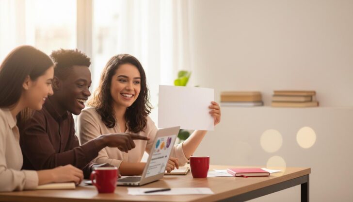 Pessoa brasileira segurando certificado ao lado de um laptop com a tela borrada, representando cursos gratuitos da Fundação Bradesco e certificados sem custo