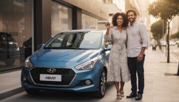 Casal brasileiro sorrindo ao lado de um HB20 novo segurando a chave após conseguir financiamento sem entrada