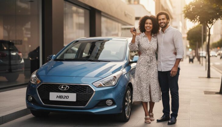 Casal brasileiro sorrindo ao lado de um HB20 novo segurando a chave após conseguir financiamento sem entrada