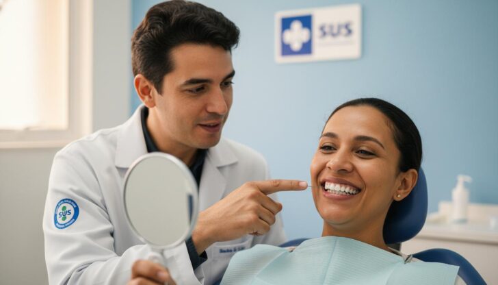 Paciente brasileiro sorrindo após receber implante dentário gratuito pelo SUS com dentista ao lado em clínica pública