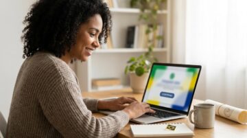 Mulher brasileira sorrindo usando um laptop enquanto faz inscrição online na plataforma Aprenda Mais MEC com uma pequena bandeira do Brasil ao lado
