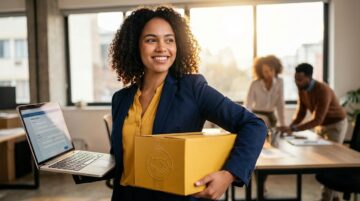 Jovem brasileiro sorrindo com notebook e caixa de entrega em escritório com cores do Mercado Livre mostrando o processo de inscrição no programa jovem aprendiz