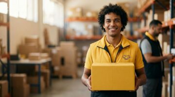 Jovem aprendiz brasileiro sorrindo com uniforme amarelo do Mercado Livre segurando uma caixa em um depósito moderno