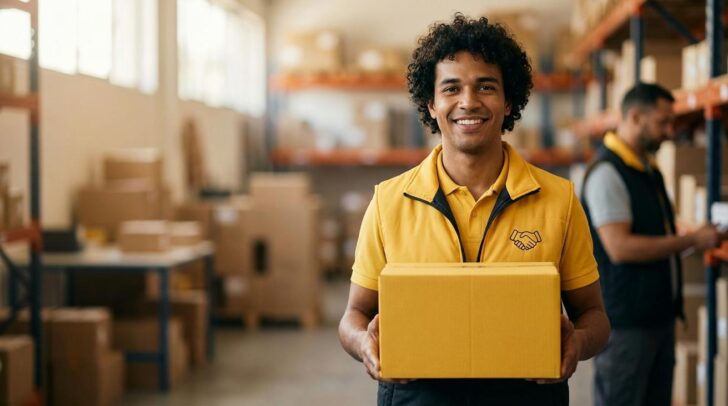 Jovem aprendiz brasileiro sorrindo com uniforme amarelo do Mercado Livre segurando uma caixa em um depósito moderno