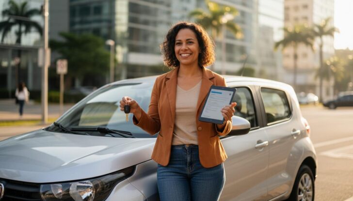 Pessoa brasileira sorrindo ao lado de um carro Mobi segurando tablet com contrato digital e chave, mostrando opção de compra sem entrada