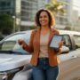 Pessoa brasileira sorrindo ao lado de um carro Mobi segurando tablet com contrato digital e chave, mostrando opção de compra sem entrada