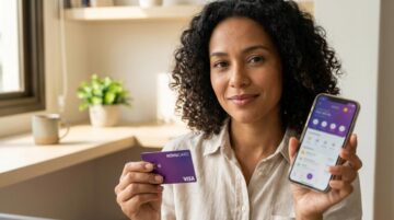 Pessoa segurando um cartão Novucard Visa e um celular com app de banco borrado mostrando facilidade para pedir o cartão online e controlar o crédito