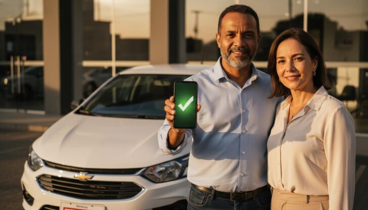 Duas pessoas brasileiras de aparência madura sorrindo enquanto seguram um celular com um sinal de aprovação e um carro Ônix ao fundo que sugere financiamento digital sem entrada