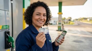Pessoa em posto de gasolina segurando cartão Petrobras Premmia Visa e celular mostrando o app para economizar no abastecimento