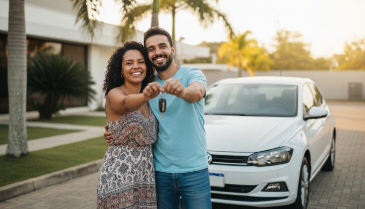 Casal brasileiro sorrindo ao lado de um Volkswagen Polo segurando a chave após conseguir comprar sem entrada e sem burocracia